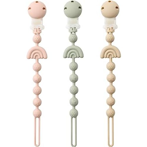 Baby Pacifier Clips One Piece Binky Clip Holder Silicone Teether Clip Pacifier Straps with Clip Baby Teether Toys for Boys and Girls Set of 3 Andy Bear-Ivory+Sage+Blush