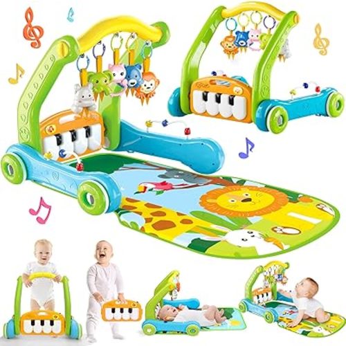 4-in-1 Baby Gym Play Mat with Learning Walker, Tummy Time Mat & Baby Push Toys for Newborn Infant 0-3-6-9-12 Month Boy Girl, Babies Activity Center with Play Piano & Lights, Ideal Toddler Baby Gifts