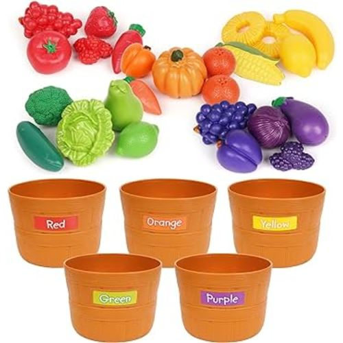 Color Sorting Play Food Toy Set - 30 Pieces Fruit and Vegetable Shapes Educational Daycare Learning Toy for Toddlers , Shape Color Recognition Sorter Kitchen Pretend Play Food Set for Kids
