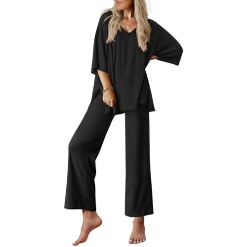 Ekouaer Lounge Sets for Women Pajamas Set Short Sleeve Tops and Long Pants Soft 2 Piece Outfits with Pockets S-XXL