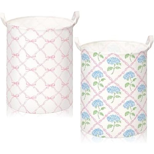 CroBlissful 2 Pcs Laundry Basket Coquette Storage Basket for Girls Nursery Hamper with Handles Foldable Waterproof Collapsible Storage Bin Organizer for College Dorms Bathroom(Hydrangea)