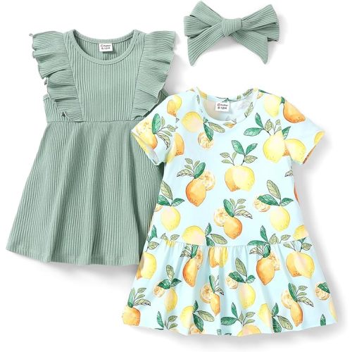 PATPAT Baby Toddler Girl Dresses Infant Ruffle & Short Sleeveless 2 Pack Summer Dress Casual Party Dress - Gray Green - 3-6 Months
