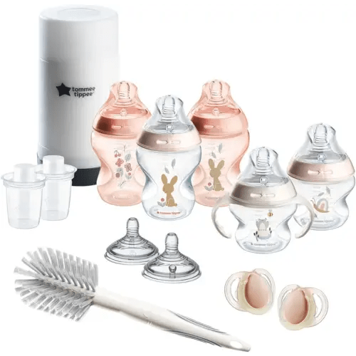 Tommee Tippee Natural Start 14 Piece Baby Bottle, Travel Bottle Warmer & Pacifier Set, 5 BPA Free Bottles, 0+ Months, 2 Newborn Pacifiers, 2 Extra Nipples, 2 Formula Dispensers, Bottle Brush, Pink