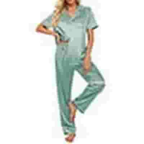 DAKIMOE Silk Satin Pajamas Set for Women Two-Piece Short Sleeve Shirt with Long Pajama Pant Set Soft Button Down Loungewear Nightwear Pjs Sleepwear for Women