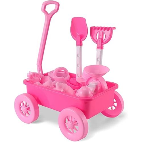 14 PCS Pink Princess Beach Wagon Plastic Toy Playset for Kids with Castle Molds, Sand Wheel, Water Pail, Play Tools and Featured Molds