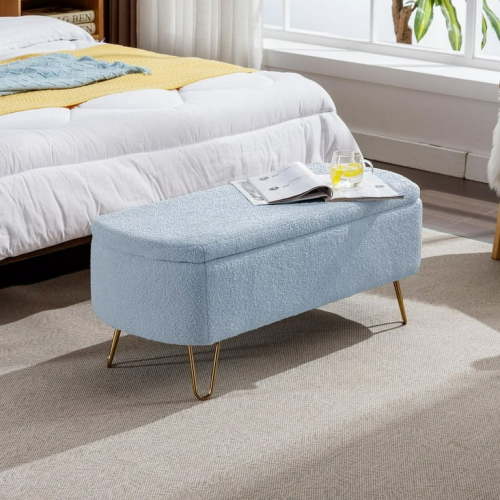 Comfort Stretch 39" Length Storage Ottoman Bench for Living Room,Blue Faux Fur Bedroom Bench with Entryway Oval Storage Upholstered Fabric Footrest Stool Padded Seat with Gold Legs