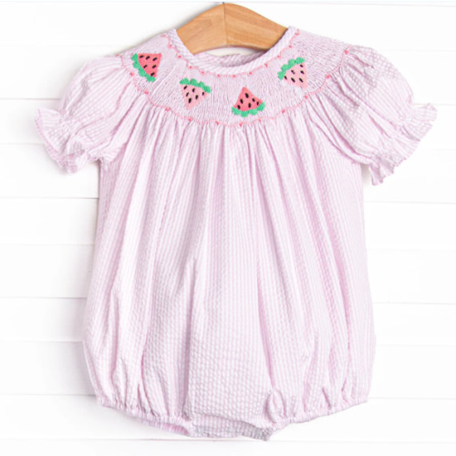 Scalloped Slices Smocked Bubble, Pink Seersucker – Stitchy Fish