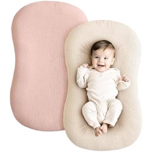 Konssy Muslin Baby Lounger Cover 2 Pack, 100% Cotton Newborn Lounger Cover, Soft and Breathable Baby Nest Slipcover for Boys Girls (Fog Green,Cream)