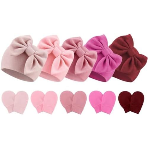 Newborn Baby Hats and Mittens Set Infant Bow Beanie Cap Toddler Gloves Newborn Hospital Hats for Baby Boy Girl 0-12 Months