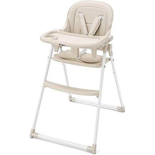Foldable High Chair, High Chairs for Babies and Toddlers, Dining Chairs and Eating Chair with Adjustable Tray and 5 Point Harness for Infant, Beige