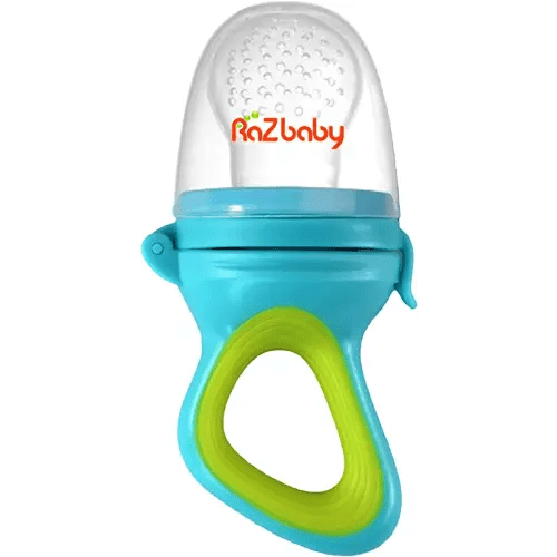 RaZbaby Baby Solids/Frozen Fruit Feeder Pacifier, Infant Teether Toy 6M+, BPA-Free Silicone Pouch & Nipple, Safely Introduce Solids, Natural Teething Relief, Dishwasher Safe, Freezable – Green/Blue