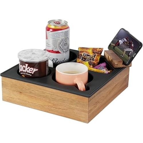Couch Cup Holder Tray, Hitseon Soft Food Grade Silicone Acacia Wooden Couch Caddy for Bed Car Seat Beach Organizer, Waterproof Anti-Spill Couch Drink Holder for Snacks Beverage Remote (Black)