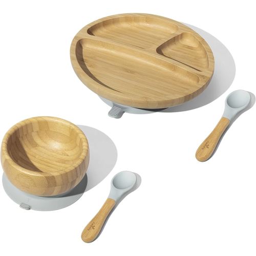 Avanchy Toddler Baby Feeding Suction Plate, Bowl, Spoons Gift Set, Gray