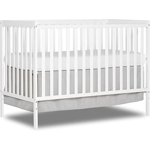Dream On Me Synergy 5-In-1 Convertible Crib In White, made of New Zealand Pine wood, JPMA & Greenguard Gold Certified, features 3 mattress height settings