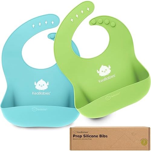 KeaBabies 2-Pack Silicone Baby Bibs Blue/Green
