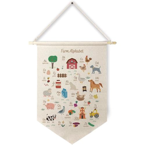 Qpenm Farm Animals Alphabet Hanging Wall Canvas Banner, Farm Animal Nursery ABC Educational Hanging Pennant Flag Prints Wall Decor Poster&Prints for Toddler Kids Room Playroom Classroom