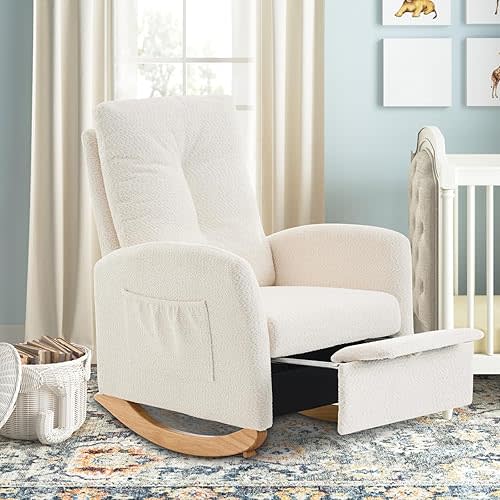 Nursery Rocking Chair with Retractable Foot Rest, Mid Century Rocking Chair with Solid Wood Legs, High Back, Glider Rocker Accent Armchair for Living Room
