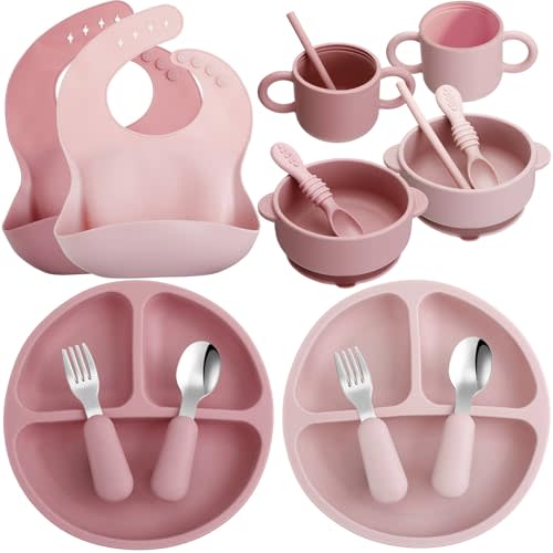 Juego de 16 piezas de suministros de destete LED para bebé, juego de platos de silicona para bebés con succión, utensilios para bebé con babero ajustable dividido, cubertería, cucharas y pajita, para