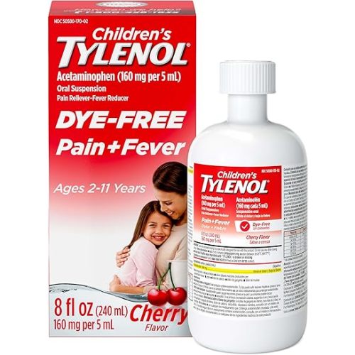 Children's Tylenol Liquid Pain Relief & Fever Medicine, Oral Suspension, Dye-Free, Acetaminophen, No Aspirin, No Ibuprofen, No High Fructose Corn Syrup; Cherry Flavor, 8 fl. oz.; Pack of 1