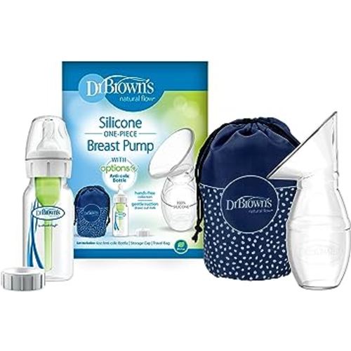 Dr. Brown's 100% Silicone One-Piece Breast Pump,Hands-Free Breast Milk Collector with Anti-Colic Options+ Baby Bottle (4 oz/120 mL),Level 1 Nipple,Travel Lid and Travel Bag