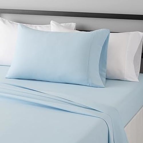 Amazon Basics Lightweight Super Soft Easy Care Microfiber 3-Piece Bed Sheet Set with 14-Inch Deep Pockets, Twin, Solid, Light Blue