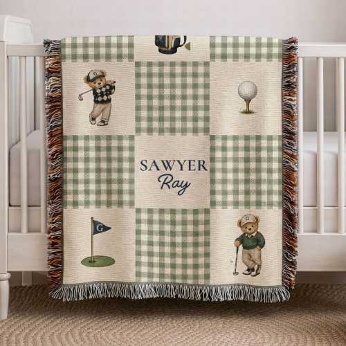 Personalized Golf Teddy Woven Blanket, Baby Name Blanket, Golf Nursery Decor, Newborn Boy Gift, Personal Baby Gift