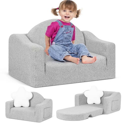 babyeap Kids Sofa,2-in-1 Soft Toddler Couch Fold Out,Toddler Chair Baby Convertible Couch for Girls and Boys,Light Gray