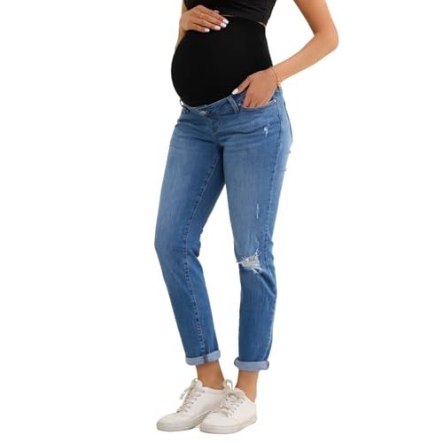 Leovqn Maternity Jeans for Women Boyfriend Stretch Over Belly Denim Pregnancy Pants, Throughout Pregnancy Suitable