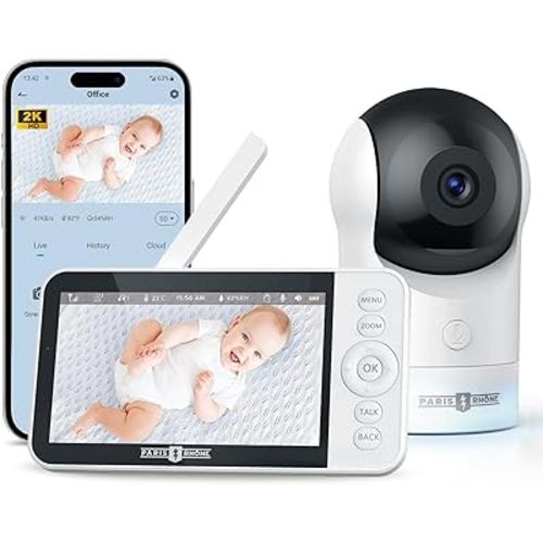 PARIS RHÔNE Video Baby Monitor, 2K UHD WiFi Camera, Night Vision, 5” Smart Baby Monitor with App Control, Motion and Cry Detection, AI Tracking, Three-Way Audio, RGB Night Light, Lullabies
