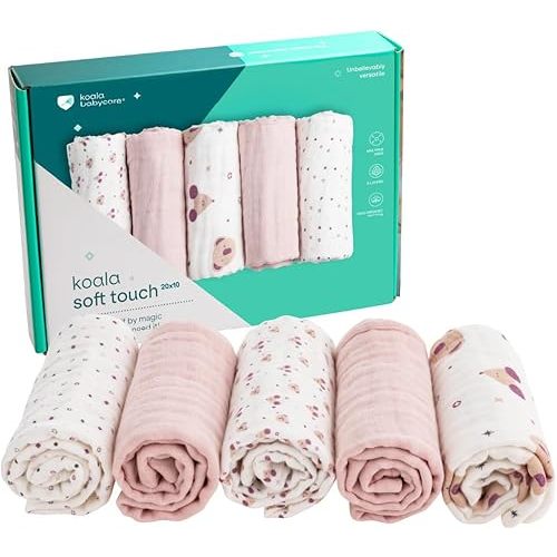 Koala Babycare 5 Pack 20"x10" Muslin Burp Cloths for Baby Boys and Girls - GOTS & Oeko-TEX Cotton Burp Rags for Newborns - Absorbent Neutral Burping Cloths for Feeding - Washable Baby Bibs Essentials