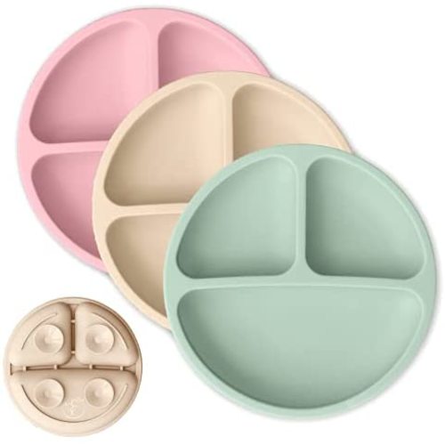 Hippypotamus Toddler Plates with Suction - Baby Plates - 100% Food-Grade Silicone Divided Plates - BPA Free - Microwave & Dishwasher Safe - Set of 3 (Sage / Blush / Nude)