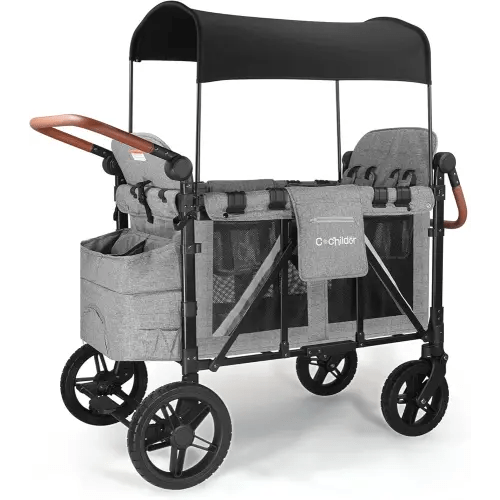Elite Pro All-Terrain 4 Seater Wagon Stroller for Kids - Heavy-Duty 300lb Capacity, One-Hand Fold Design, High Seats with 5-Point Harness, Adjustable Canopy and Handlebars, Light Grey