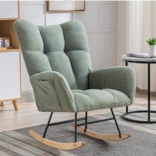 Nursery Rocking Chair Teddy Upholstered Glider Rocker Rocker Accent Chair with High Backrest Armchair Comfy Side Pocket Modern Rocking Accent Chairs for Living Room, Nursery, Office-Green