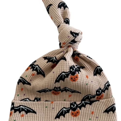 Organic Waffle Knot Beanie, Tan Trick or Treating Bat