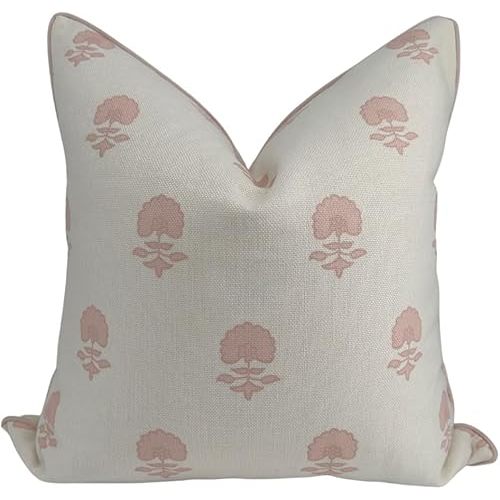 Lauderdale Pink Blockprint Pillow Cover Grandmillennial 20"x20" Pink Pillow Premium Fabric Throw Pillow for Home Floral Pillow Cover Grandmillennial Home Decor