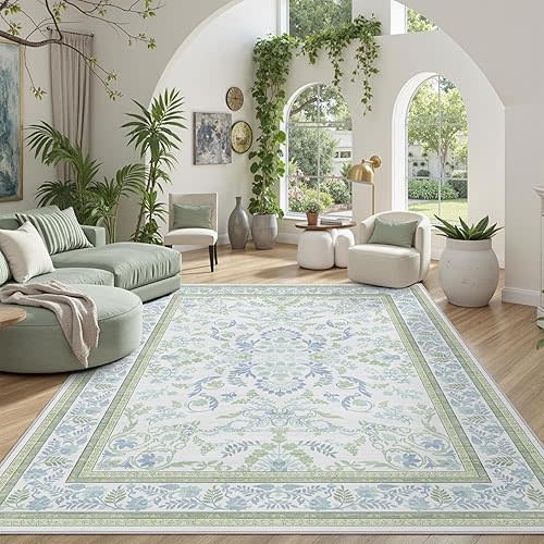 DCX Green Floral 5x7 Area Rug, Machine Washable, Soft Vintage Floral Rug Non Slip Stain Resistant for Living Room, Bedroom, Dining Room, Nursery Carpets