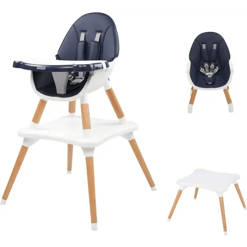 JOYMOR 5-in-1 Convertible Baby High Chair for Babies to Toddlers, Table and Chair Set, Wooden Infant Eating Highchair with Leather Seat Cushion, 4-Position Removeable & Adjustable Tray (Blue)