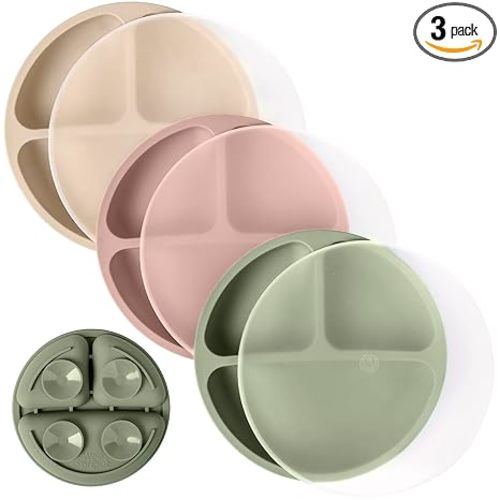 WeeSprout Suction Plates with Lids for Babies & Toddlers - 100% Silicone, Dinnerware Stays Put, Divided Design for Picky Eaters, Microwave & Dishwasher Friendly, 3 Pack