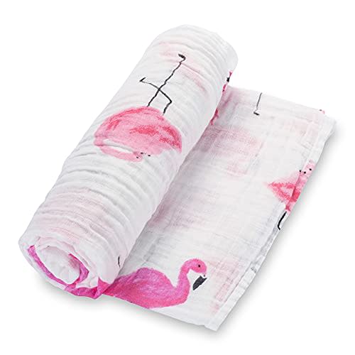 LollyBanks Muslin Swaddle Blankets, 100% Cotton Baby Swaddle Blanket for Girls, Soft and Large 47 x 47 Inches Newborn Swaddle, Breathable Baby Receiving Blankets, Registry (Flamingo Print)