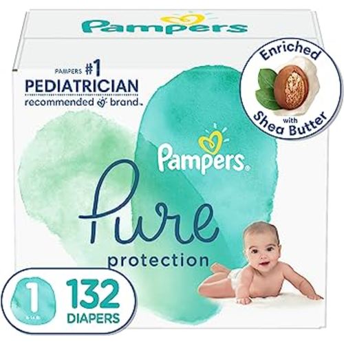Diapers Size 1, 132 Count - Pampers Pure Protection Disposable Baby Diapers, Hypoallergenic and Unscented Protection, Enormous Pack (Packaging & Prints May Vary)