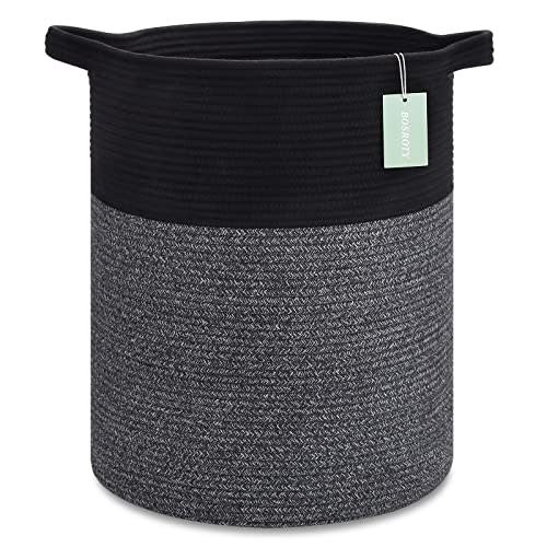 BOSROTY Large Laundry Hamper for Girls Boys Kids 72L, Nursery Hamper, Tall Laundry Basket, Cotton Rope Woven Blanket Basket for Storage Toys Clothes Towels, 16”x 22”, Black & Gray