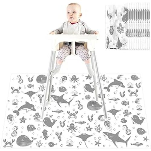 100 Pack 28"x47" Disposable Floor Splat Mats for Under High Chair with Animals Print, Waterproof Plastic Floor Mat Multipurpose Baby Led Weaning Supplies(Sea Animal)
