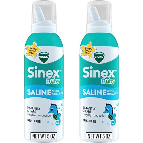 VICKS Sinex Baby Saline Nasal Spray, Drug Free Gentle Nasal Mist, Instantly Clears Everyday Stuffy Little Noses, Soothes & Hydrates, Safe For Daily Use, Gentle For All Ages, 5 OZ x 2
