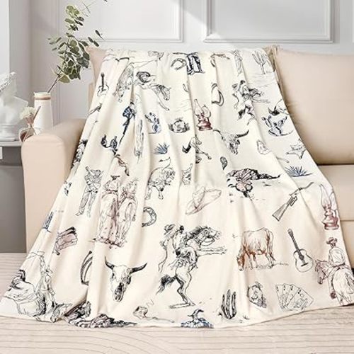 Western Cowboy Throw Blanket Wild West Cowboy Fleece Blanket American West Farmhouse Country Wrangler Blankets Flannel Warm Soft Cozy Fluffy Throw Blankets for Couch Sofa Bed 50x60 Inch