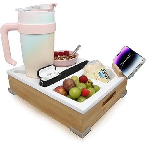 Couch Cup Holder Tray, Couch Caddy with Carrying Handle for Drink Snacks Beverage Remote, Food Grade Silicone Bamboo Snack Tray with Rotatable Phone Holder for Bed Car Seat Organizer