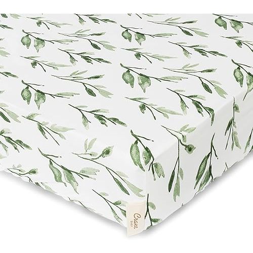 Crane Baby Soft Cotton Crib Mattress Sheet, Fitted Sheet for Cribs and Toddler Beds, Green Leaf, 28”w x 52”h x 9”d
