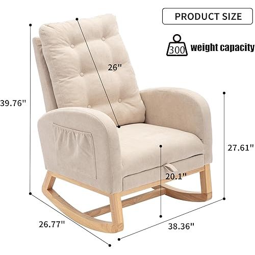 Accent Rocking Chair with Footrest, Nursery Rocking Chairs with Side Pocket/Rubber Wood Legs, Upholstered High Back, Armchair Lounge Reclining Chair for Living Room Baby Room Bedroom (Beige)