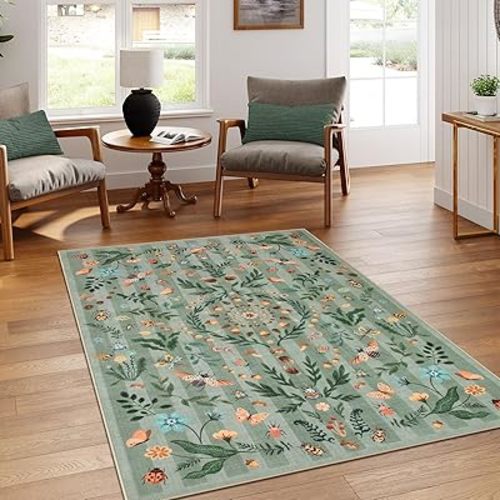 Lahome Insect Botanical Washable Rugs 5x7 Green Area Rugs for Living Room, Non Slip Rug for Bedroom, Boho Indoor Dining Room Carpet for Under Table Entryway Kitchen Office(Green,5x7)