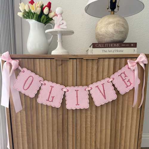 Baby Pink Name birthday scalloped banner. First birthday decor, smash cake, personalized keepsake.