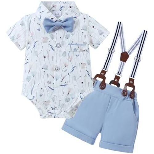 ZOEREA Baby Boy Clothes Suit Infant Short Sleeve Gentleman Outfits Dress Shirt+Bowtie+Suspender Shorts 0-18M